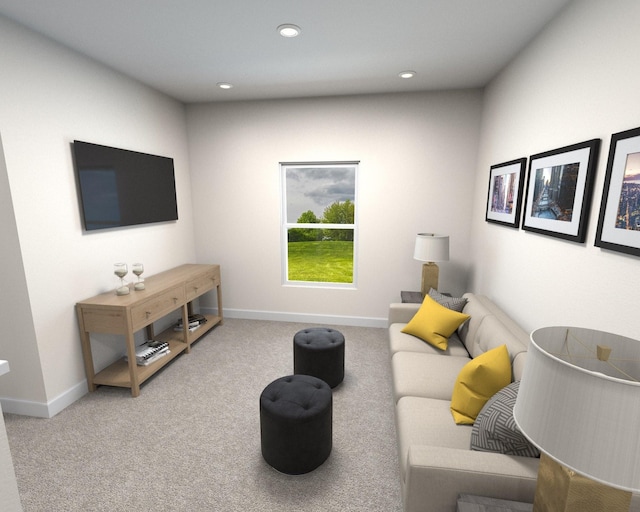 living area with recessed lighting, baseboards, and carpet