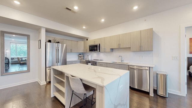 kitchen with backsplash, appliances with stainless steel finishes, a center island, open shelves, and a sink