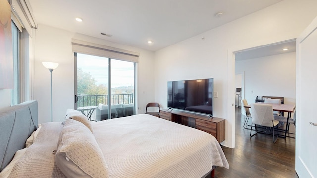 bedroom featuring recessed lighting, access to outside, dark wood finished floors, and visible vents