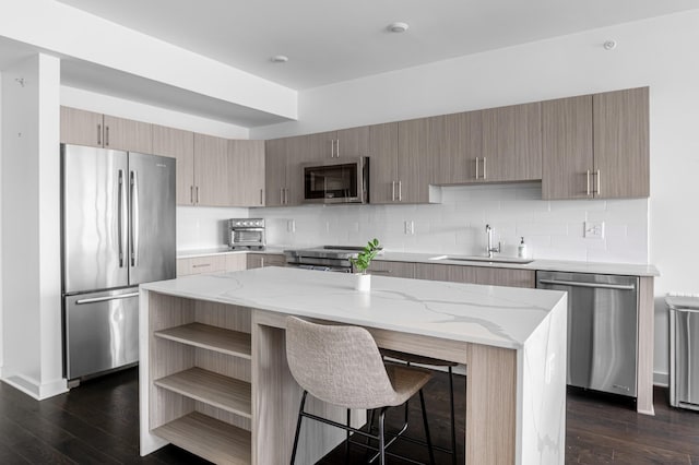 3116 W End Cir Unit 310, Nashville, TN 37203 - kitchen with appliances with stainless steel finishes, open shelves, a sink, and dark wood-style flooring