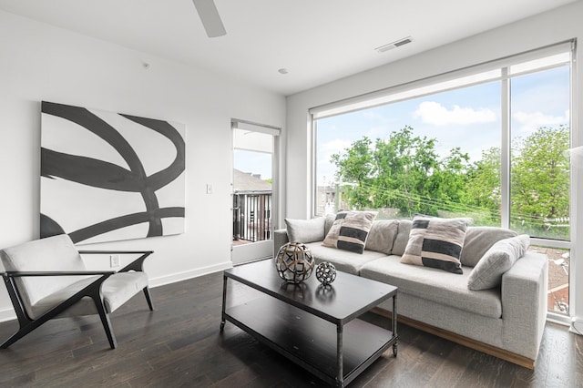 3116 W End Cir Unit 310, Nashville, TN 37203 - living room with dark wood-type flooring, ceiling fan, and baseboards