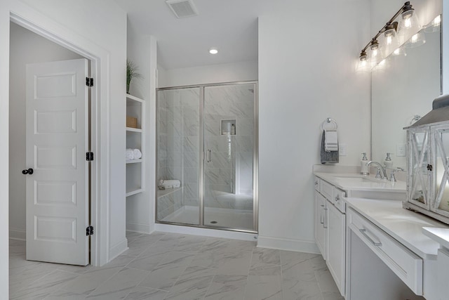full bathroom featuring visible vents, marble finish floor, vanity, and a shower stall