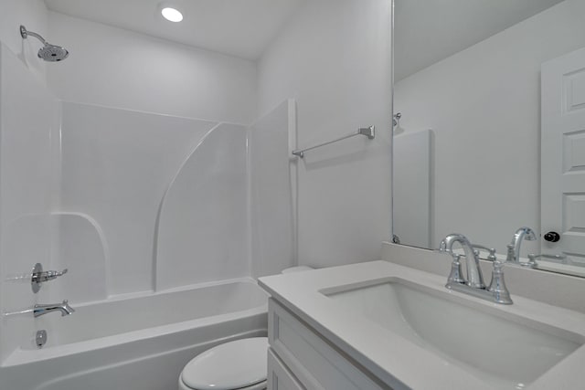 full bathroom featuring vanity, recessed lighting, shower / bathing tub combination, and toilet