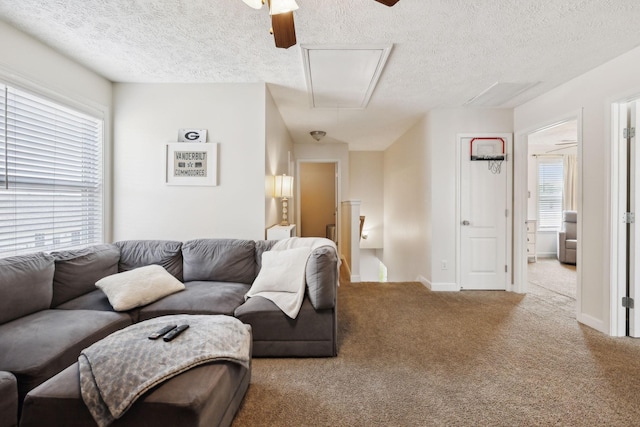 living area with a ceiling fan, carpet, plenty of natural light, and attic access