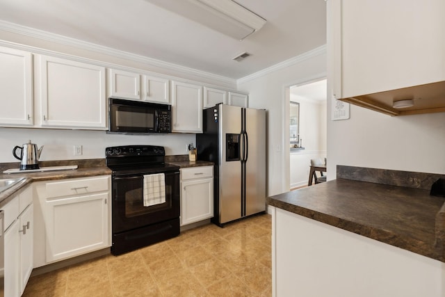 kitchen with visible vents, crown molding, dark countertops, white cabinets, and black appliances