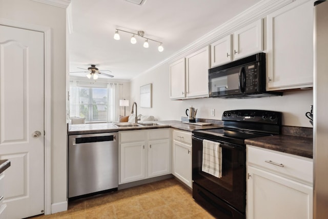 kitchen featuring a ceiling fan, dark countertops, a sink, white cabinets, and black appliances
