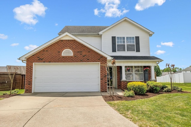 traditional-style home featuring fence, brick siding, an attached garage, driveway, and a porch