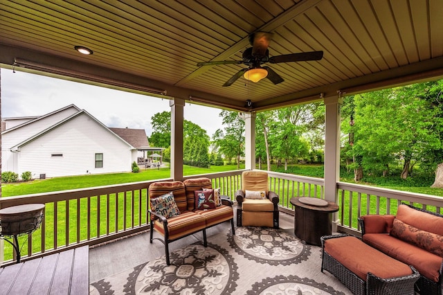 1092 Summerstar Cir, Gallatin, TN 37066 - wooden terrace featuring a yard, ceiling fan, and an outdoor hangout area