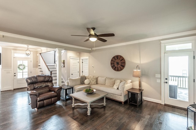 1092 Summerstar Cir, Gallatin, TN 37066 - living area with crown molding, baseboards, stairway, a ceiling fan, and dark wood finished floors