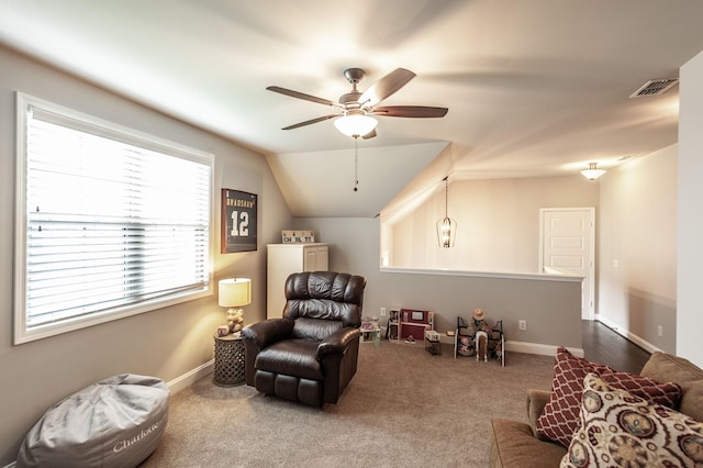 1092 Summerstar Cir, Gallatin, TN 37066 - sitting room with a ceiling fan, visible vents, vaulted ceiling, baseboards, and carpet flooring