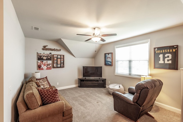 1092 Summerstar Cir, Gallatin, TN 37066 - sitting room featuring carpet flooring, ceiling fan, baseboards, lofted ceiling, and visible vents