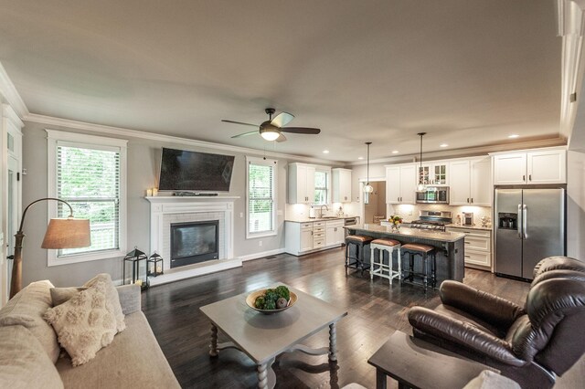 1092 Summerstar Cir, Gallatin, TN 37066 - living area with crown molding, recessed lighting, plenty of natural light, and a fireplace