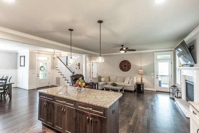 1092 Summerstar Cir, Gallatin, TN 37066 - kitchen featuring dark brown cabinets, a fireplace with raised hearth, a ceiling fan, dark wood-type flooring, and ornamental molding