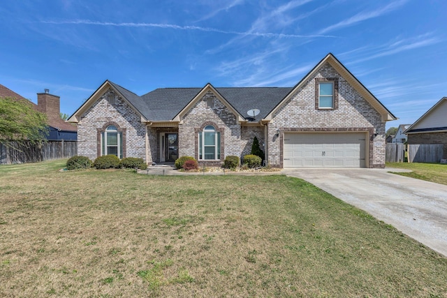 view of front of home with fence, a front yard, brick siding, a shingled roof, and concrete driveway