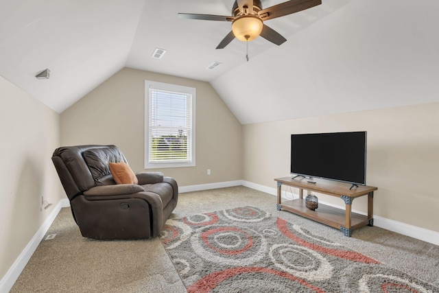 sitting room with carpet floors, ceiling fan, and visible vents