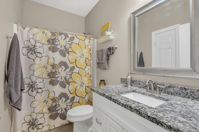 bathroom featuring toilet, a shower with shower curtain, and vanity