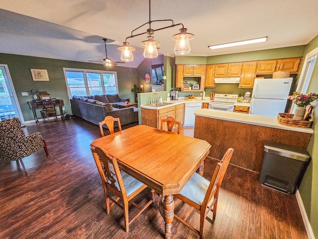 103 Hillcrest Dr, Tullahoma, TN 37388 - dining room with dark wood finished floors, a ceiling fan, a textured ceiling, and baseboards