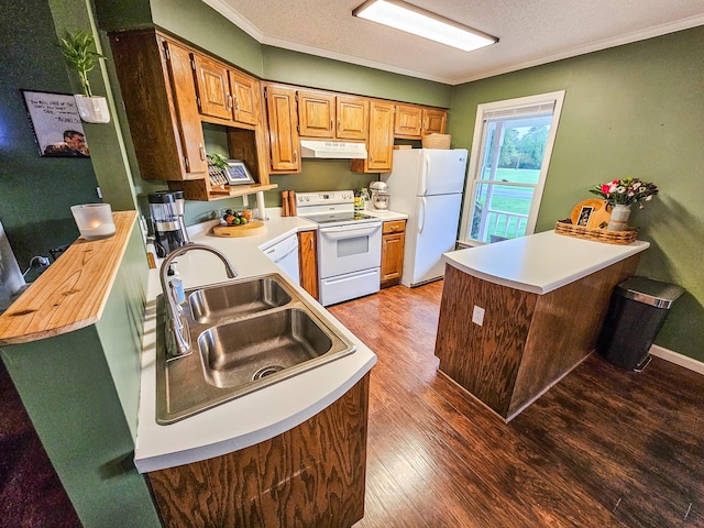 103 Hillcrest Dr, Tullahoma, TN 37388 - kitchen featuring white appliances, under cabinet range hood, ornamental molding, wood finished floors, and a sink