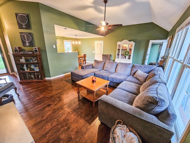 103 Hillcrest Dr, Tullahoma, TN 37388 - living area featuring lofted ceiling, a ceiling fan, wood finished floors, a chandelier, and baseboards