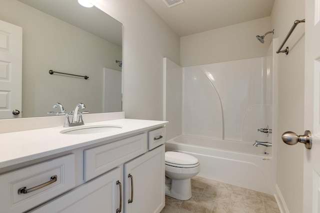 full bathroom with vanity, bathtub / shower combination, toilet, and visible vents