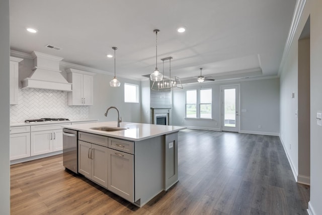 kitchen with ceiling fan, visible vents, appliances with stainless steel finishes, a sink, and custom exhaust hood