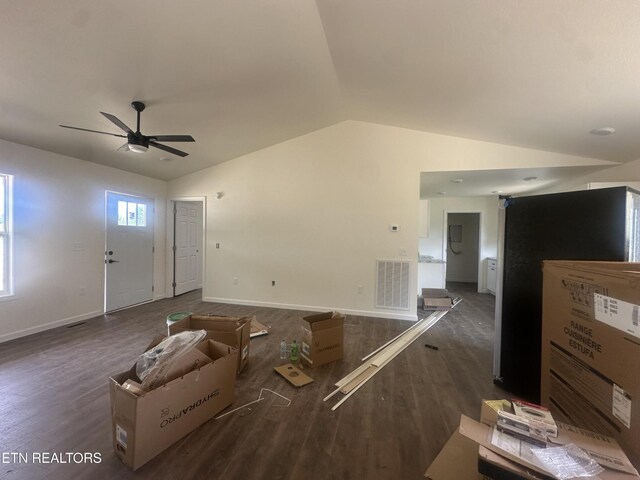 2765 Banner Springs Rd, Jamestown, TN 38556 - unfurnished living room with vaulted ceiling, dark wood finished floors, a ceiling fan, and baseboards