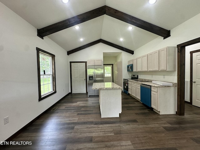 1173 Terry Ln, Jamestown, TN 38556 - kitchen with stainless steel appliances, recessed lighting, dark wood-style floors, a kitchen island, and light stone countertops