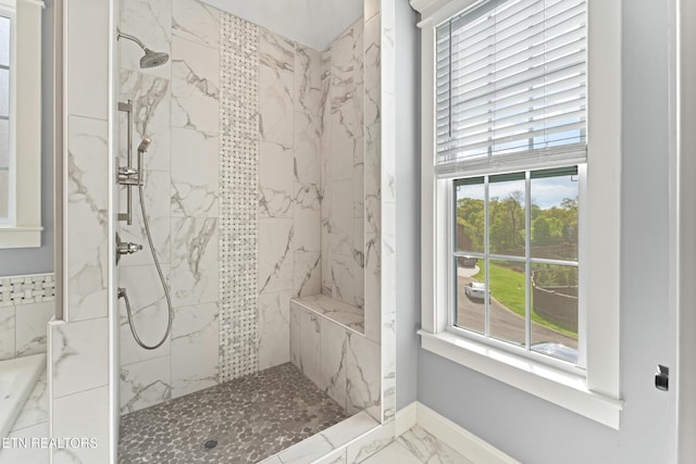 8508 Flowering Peach Ln, Knoxville, TN 37923 - bathroom featuring baseboards, a marble finish shower, and marble finish floor