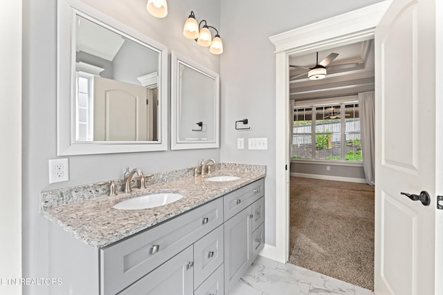 8508 Flowering Peach Ln, Knoxville, TN 37923 - bathroom with baseboards, a sink, marble finish floor, and double vanity