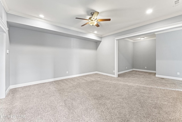 8508 Flowering Peach Ln, Knoxville, TN 37923 - basement featuring a ceiling fan, visible vents, baseboards, ornamental molding, and carpet