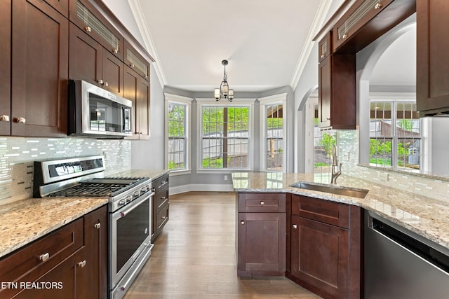 8508 Flowering Peach Ln, Knoxville, TN 37923 - kitchen featuring crown molding, a sink, wood-type flooring, stainless steel appliances, and baseboards