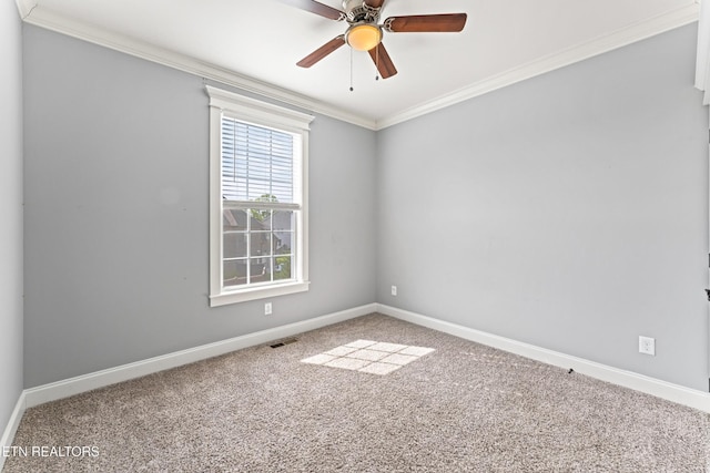 8508 Flowering Peach Ln, Knoxville, TN 37923 - unfurnished room with visible vents, crown molding, a ceiling fan, baseboards, and carpet flooring