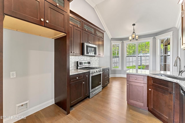 8508 Flowering Peach Ln, Knoxville, TN 37923 - kitchen with appliances with stainless steel finishes, a sink, baseboards, lofted ceiling, and ornamental molding