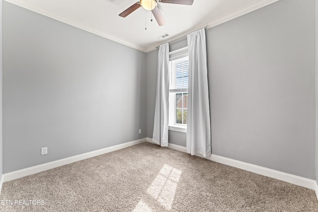 8508 Flowering Peach Ln, Knoxville, TN 37923 - unfurnished room featuring visible vents, ornamental molding, baseboards, ceiling fan, and carpet