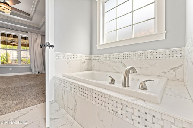 8508 Flowering Peach Ln, Knoxville, TN 37923 - full bathroom featuring a garden tub, ornamental molding, marble finish floor, and ceiling fan