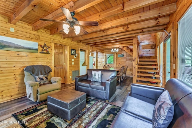 living area with wooden walls, stairs, and wood finished floors
