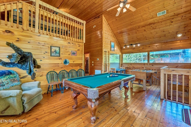 recreation room featuring wood walls, ceiling fan, wood ceiling, hardwood / wood-style flooring, and billiards