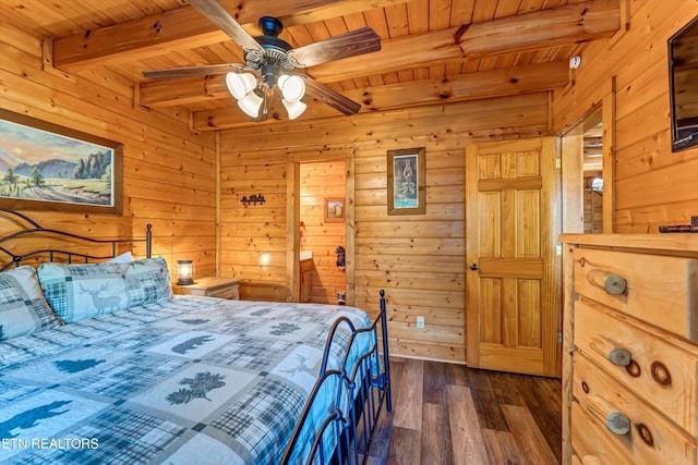 bedroom with wooden walls, dark wood-style flooring, beam ceiling, and wood ceiling