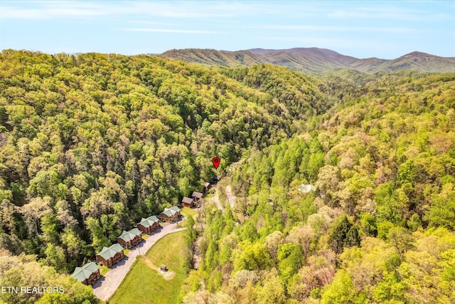 birds eye view of property featuring a mountain view and a wooded view