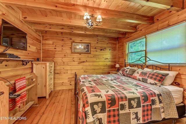 bedroom featuring hardwood / wood-style floors, wooden ceiling, wood walls, and beam ceiling