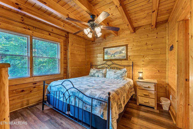 bedroom with wooden ceiling, wood walls, beam ceiling, and wood finished floors
