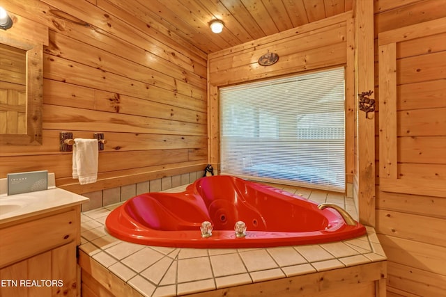 full bath featuring a whirlpool tub, wood walls, wood ceiling, and vanity