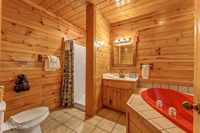 bathroom with tile patterned flooring, wood walls, a stall shower, and toilet