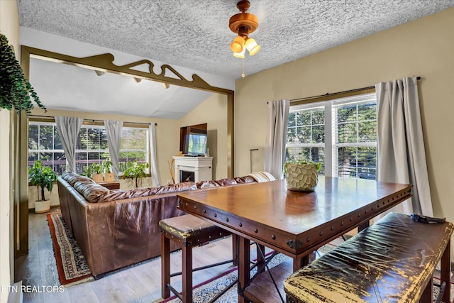 2220 Thorn Grove Pike, Knoxville, TN 37914 - dining room with a textured ceiling, a fireplace, vaulted ceiling, and light wood-style flooring