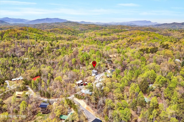 drone / aerial view featuring a forest view and a mountain view