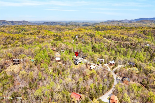 aerial view with a view of trees and a mountain view