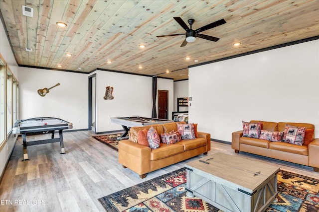 living room with ceiling fan, wood finished floors, wooden ceiling, baseboards, and recessed lighting
