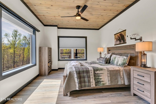 bedroom featuring wooden ceiling, ornamental molding, and baseboards