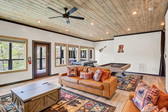 living room with a ceiling fan, recessed lighting, wooden ceiling, billiards, and light wood finished floors