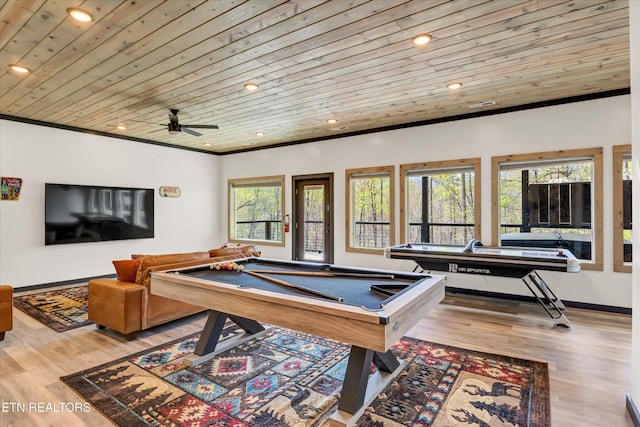 rec room featuring crown molding, recessed lighting, pool table, wooden ceiling, and wood finished floors